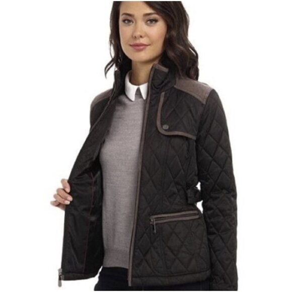 VINCE CAMUTO Quilted Faux Suede Trim Black Field Equestrian Jacket - Picture 4 of 16